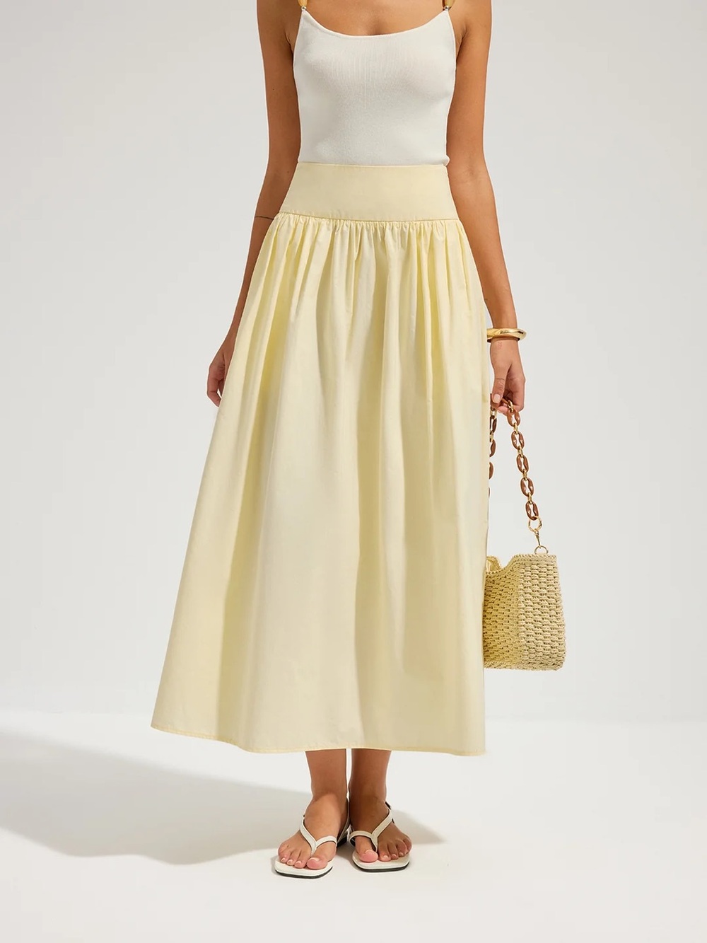 COMMENSE Cotton High Waist Gathered Midi Skirt - size XSmall